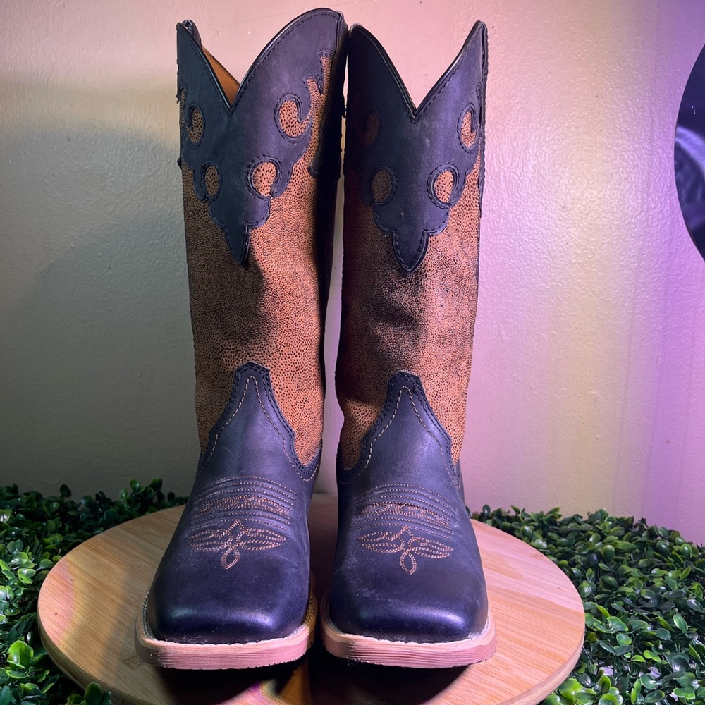 JUSTIN LADIES LATTIE MIDNIGHT BLACK BROWN LEATHER PULL-ON COWGIRL BOOTS SZ 9.5B - Picture 3 of 8